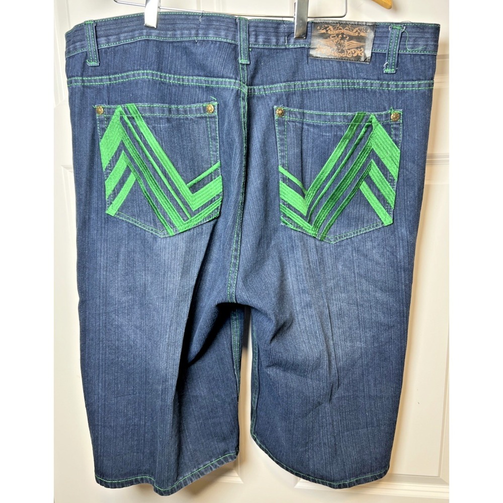 NBN Gear Men 40 Baggy Denim Shorts Y2K Jorts Green Stitch Raw String  X-TREME